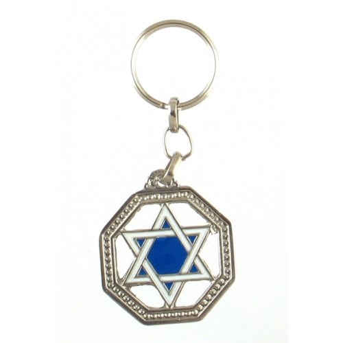 Keychain with Blue and White Star of David in 8-Sided Frame