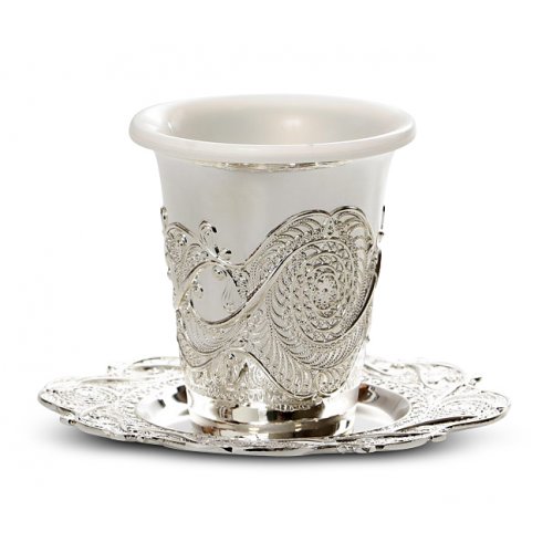 Kiddush Cup Ornate Design with Plate and Plastic Insert