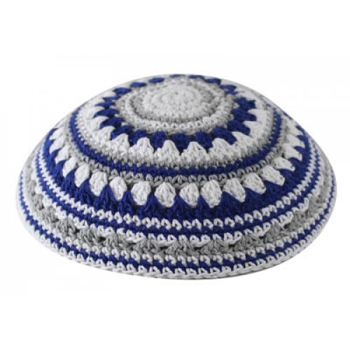 Knitted Kippah with Blue, White and Gray Stripes