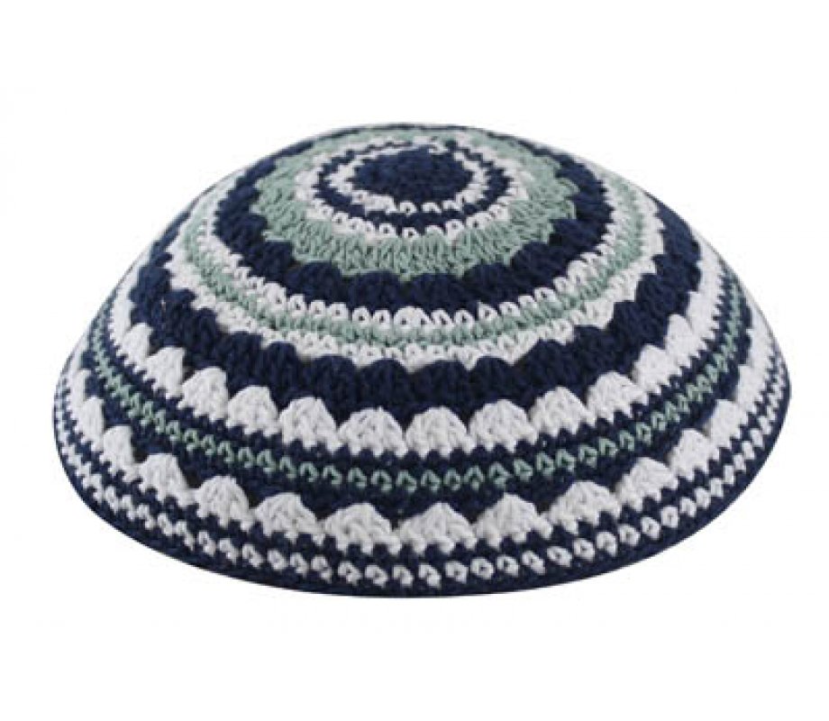 Knitted Kippah with Blue, White and Light Green Stripes