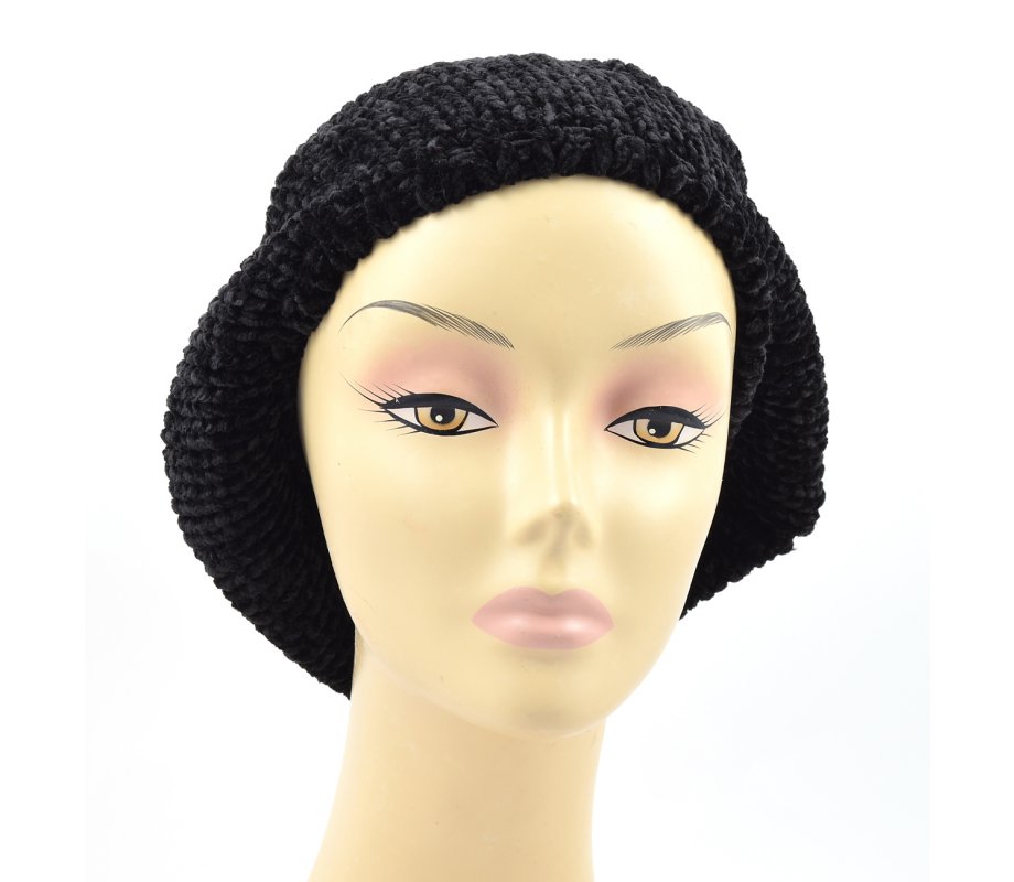 Knitted Women's Snood Beret with Inner Elastic Drawstring - Black