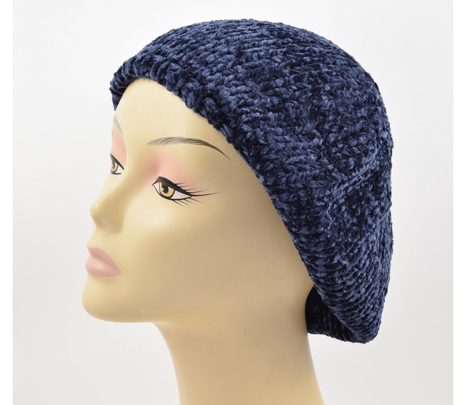 Knitted Women's Snood Beret with Inner Elastic Drawstring - Blue