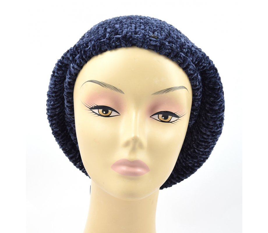 Knitted Women's Snood Beret with Inner Elastic Drawstring - Blue with Silver