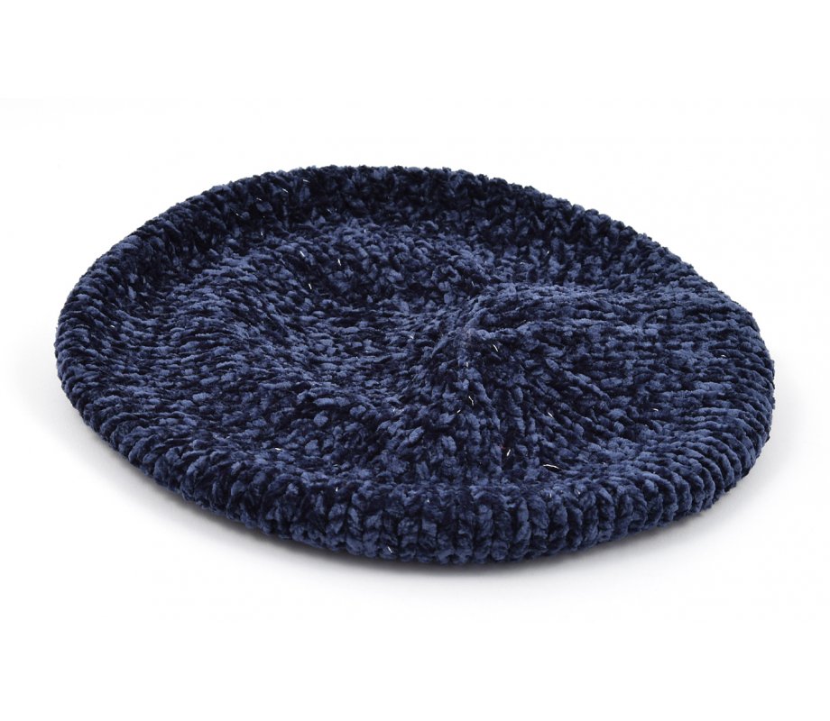 Knitted Women's Snood Beret with Inner Elastic Drawstring - Blue with Silver