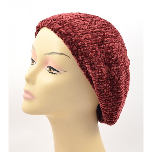 Knitted Women's Snood Beret with Inner Elastic Drawstring - Maroon with Silver