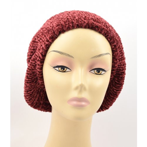 Knitted Women's Snood Beret with Inner Elastic Drawstring - Maroon with Silver