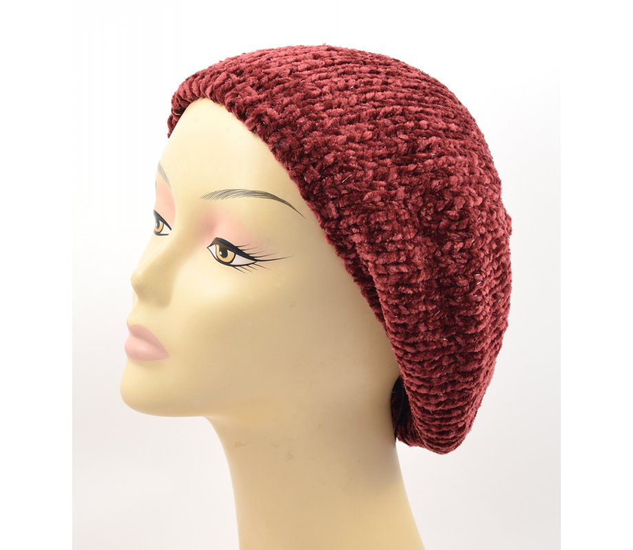 Knitted Women's Snood Beret with Inner Elastic Drawstring - Maroon with Silver