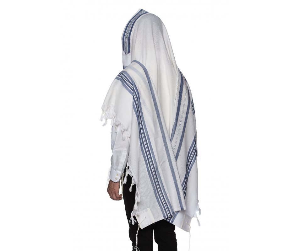 LaMenatzeach Victory Wool Tallit Non Slip Prayer Shawl - Denim Blue Stripes