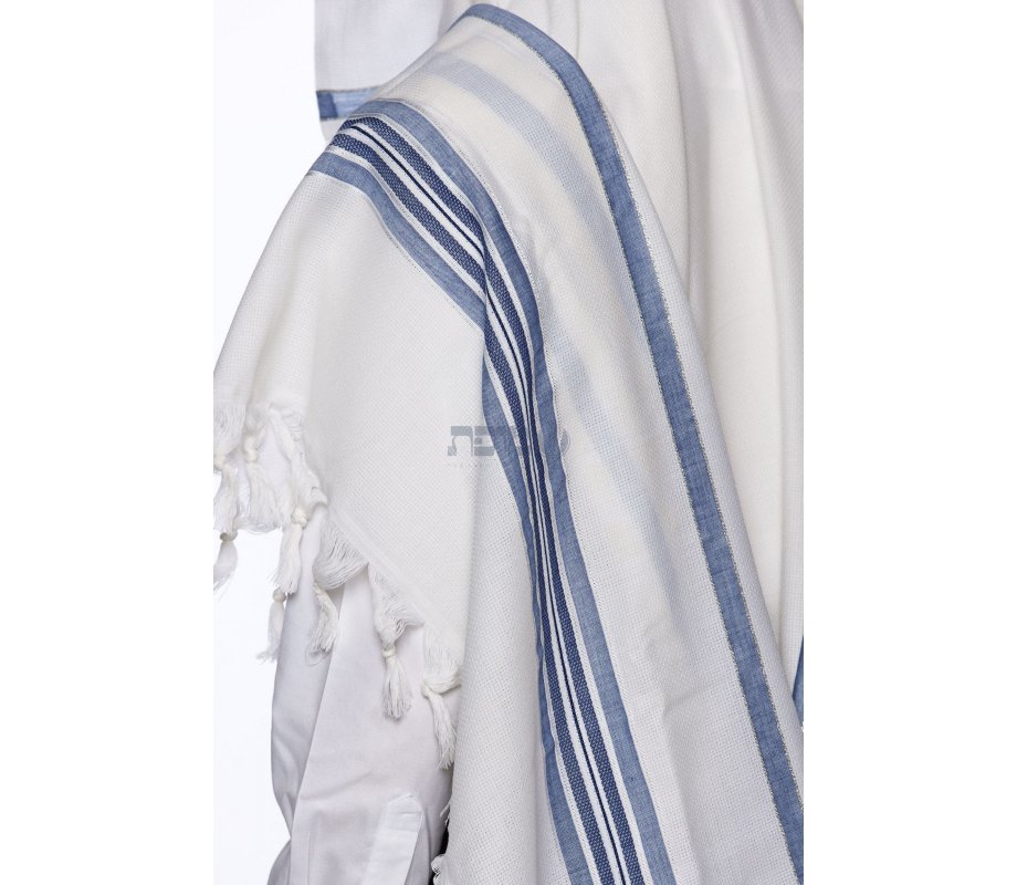 LaMenatzeach Victory Wool Tallit Non Slip Prayer Shawl - Denim Blue Stripes