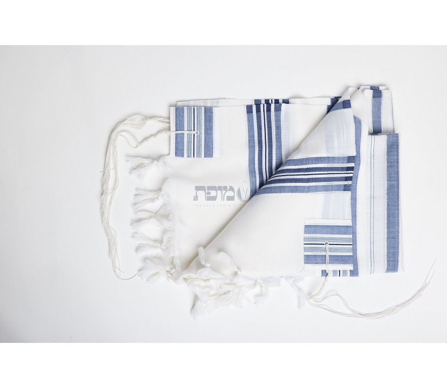 LaMenatzeach Victory Wool Tallit Non Slip Prayer Shawl - Denim Blue Stripes