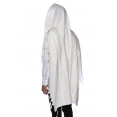 LaMenatzeach Victory Wool Tallit Non Slip Prayer Shawl - White and Silver Stripes