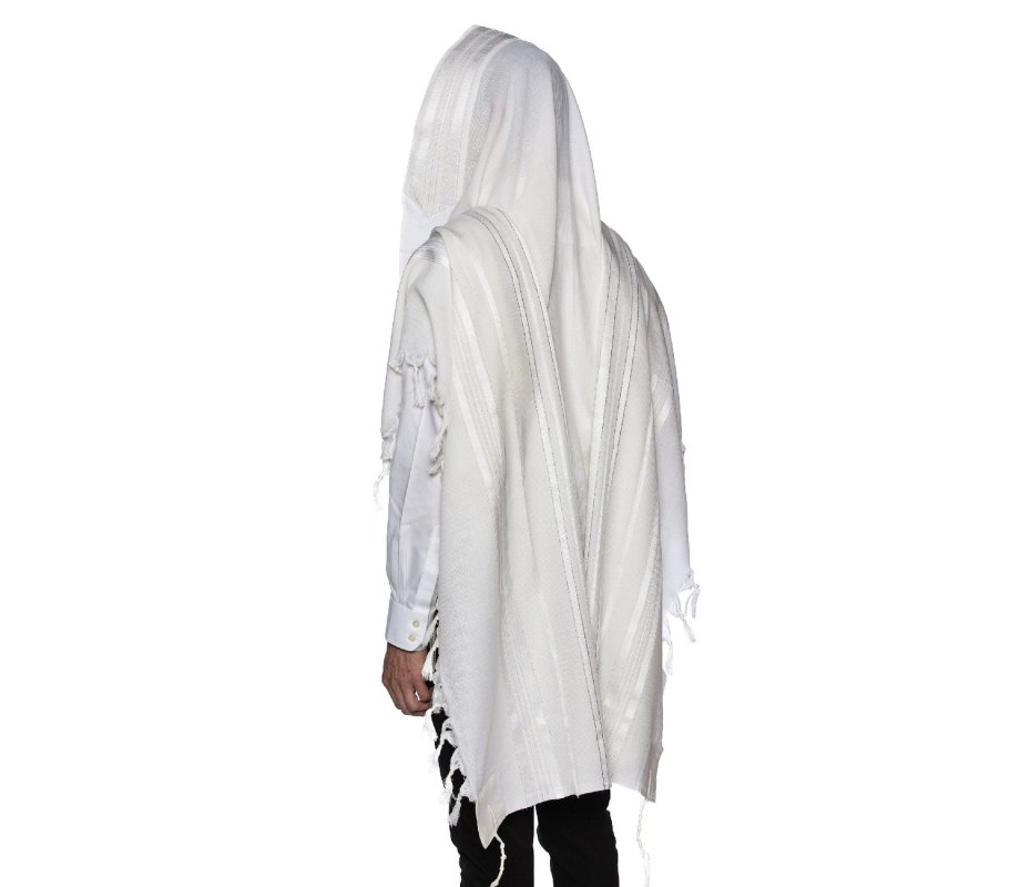 LaMenatzeach Victory Wool Tallit Non Slip Prayer Shawl - White and Silver Stripes
