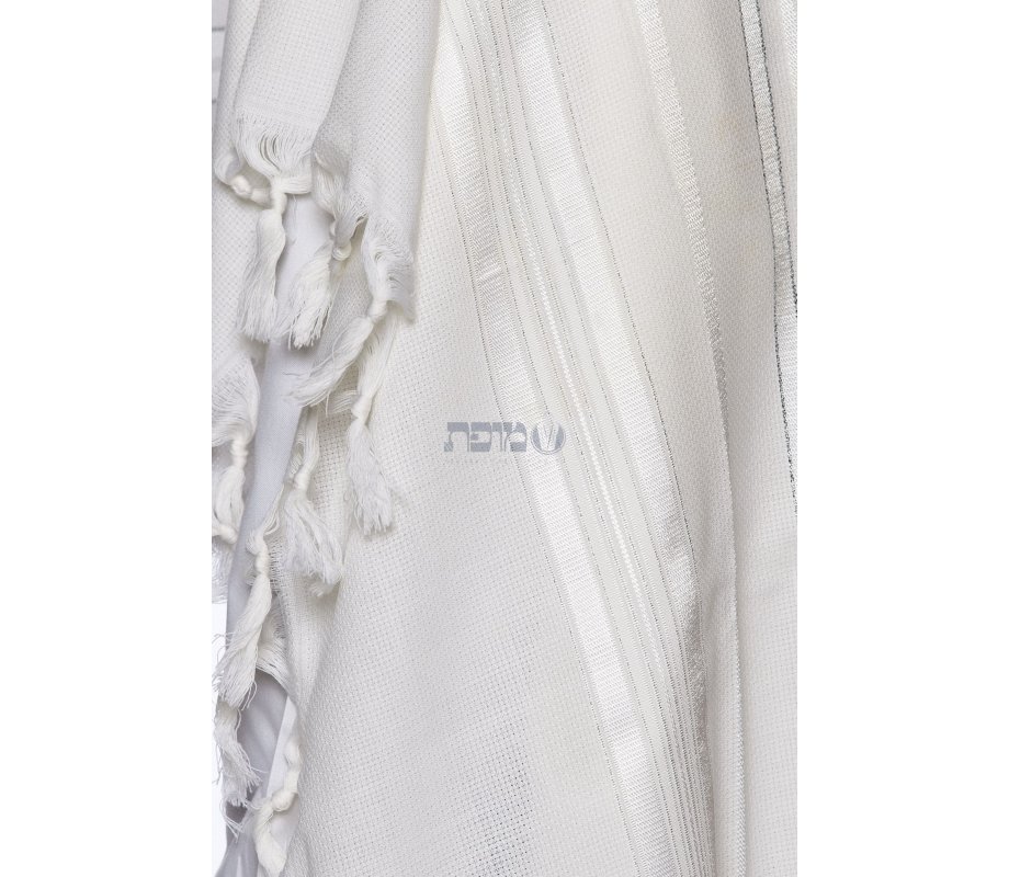 LaMenatzeach Victory Wool Tallit Non Slip Prayer Shawl - White and Silver Stripes