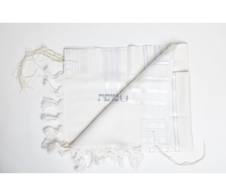 LaMenatzeach Victory Wool Tallit Non Slip Prayer Shawl - White and Silver Stripes