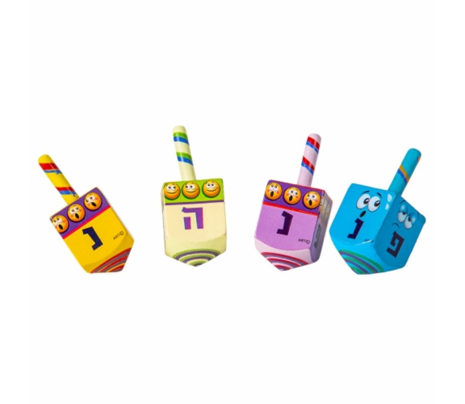 Large Emoji Design Colorful Wood Dreidel - Nes Gadol Haya Poh