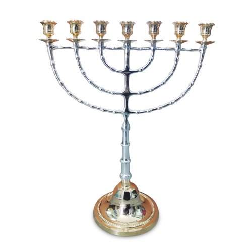 Large Seven Branch Menorah, Beaded Decorations Silver and Gold Nickel - 18