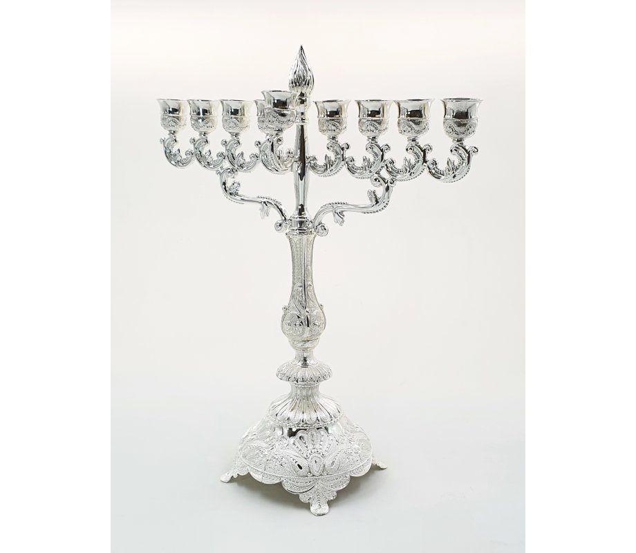 Large Silver Plated Chanukah Menorah, Filigree Design with Flame - 15.3 Inches