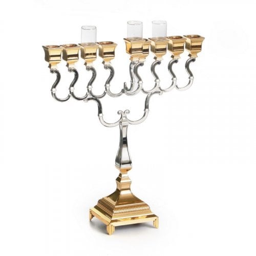 Large Size Silver Plated With Gold Accents Chanukah Menorah, Classic Design