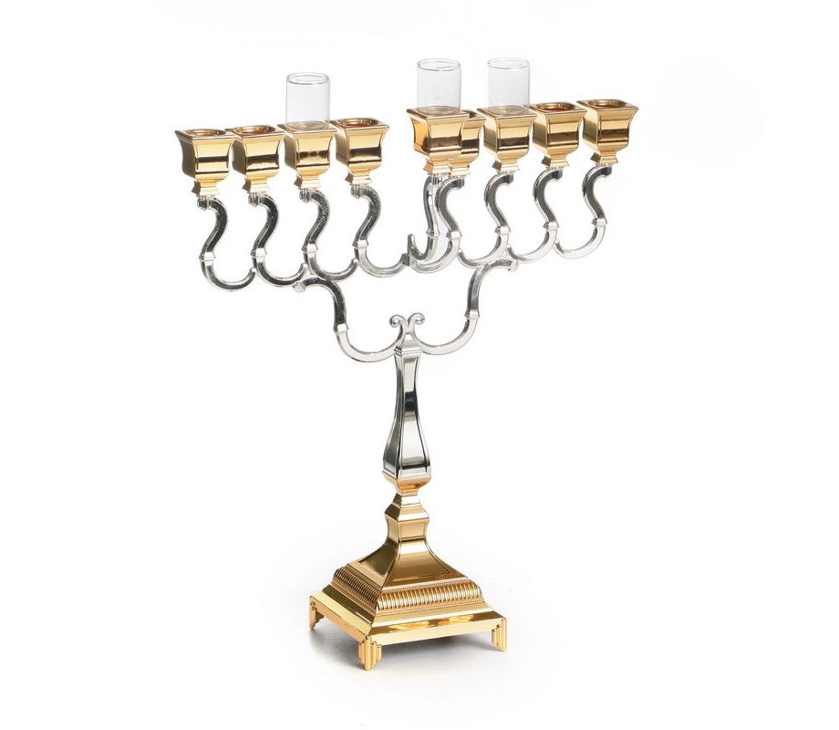Large Size Silver and Gold Chanukah Menorah, Swirls Design - 14.9
