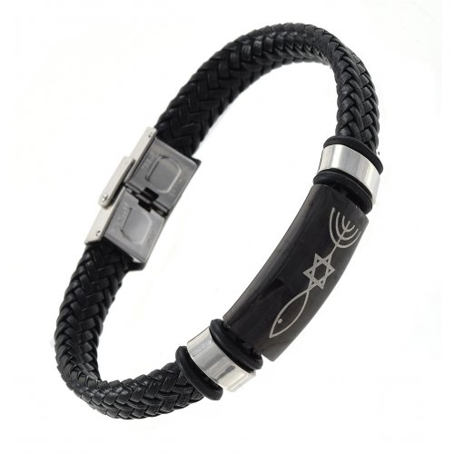 Leather Style Black Bracelet with Metal Centerpiece - Religious Symbols