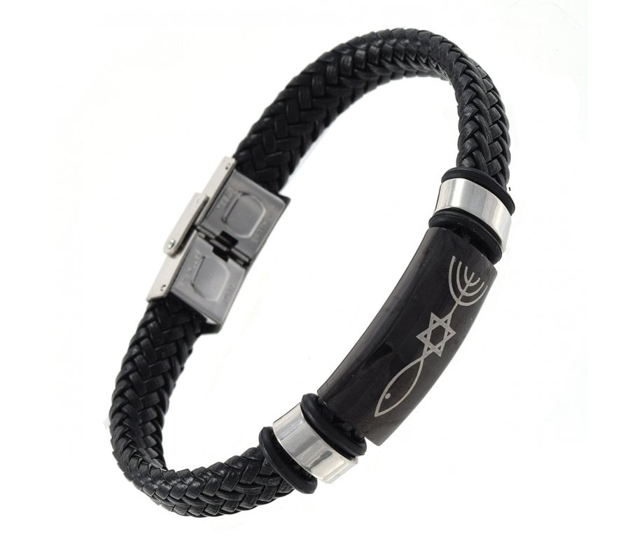 Leather Style Black Bracelet with Metal Centerpiece - Religious Symbols