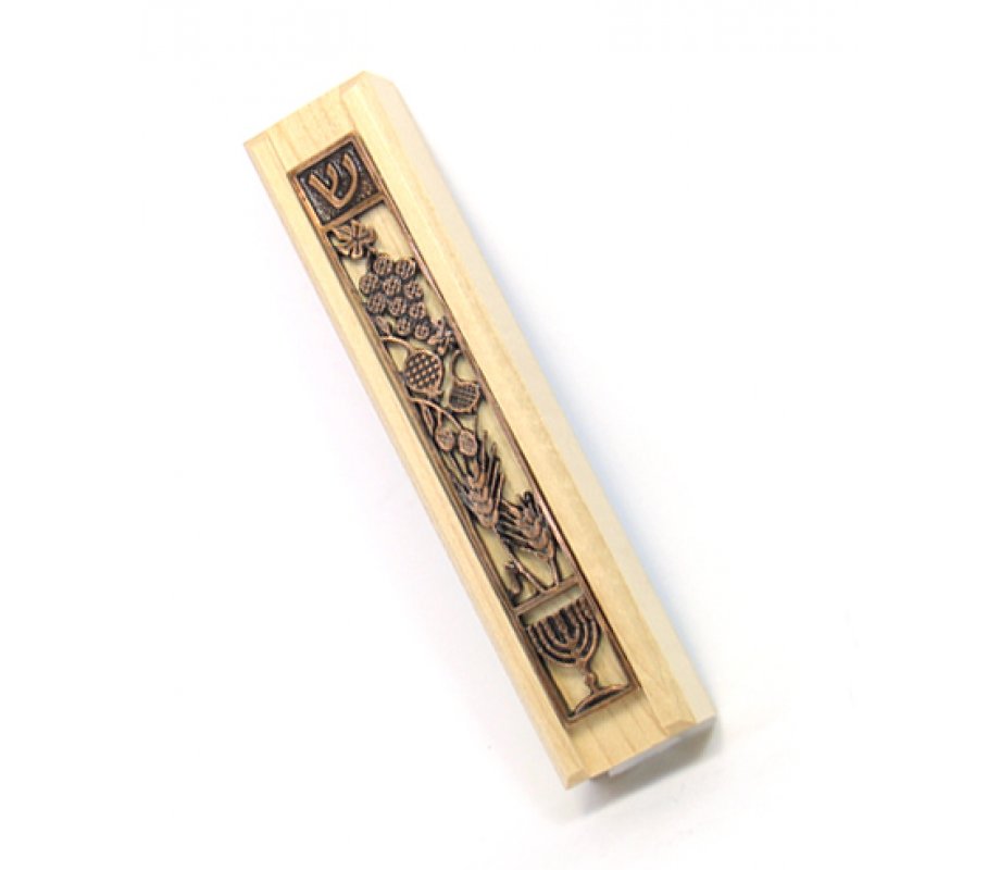 Light Colored Wood Mezuzah Case with Copper Pewter Decorative Seven Species