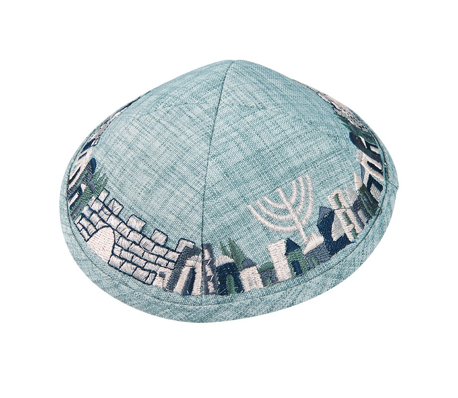 Light Green Cloth Kippah with Attached Clip and Embroidered Jerusalem Design
