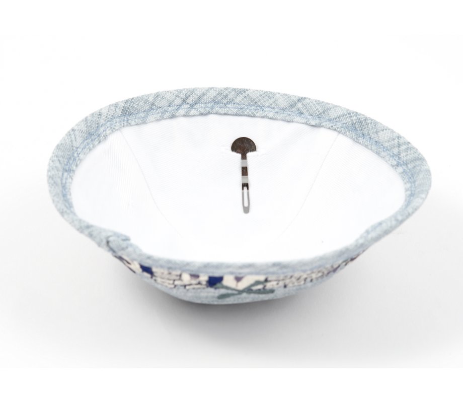 Light Green Cloth Kippah with Attached Clip and Embroidered Jerusalem Design