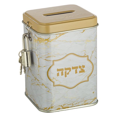Low Cost Metal Charity Box with Lock and Key  Gold and White Marble Design