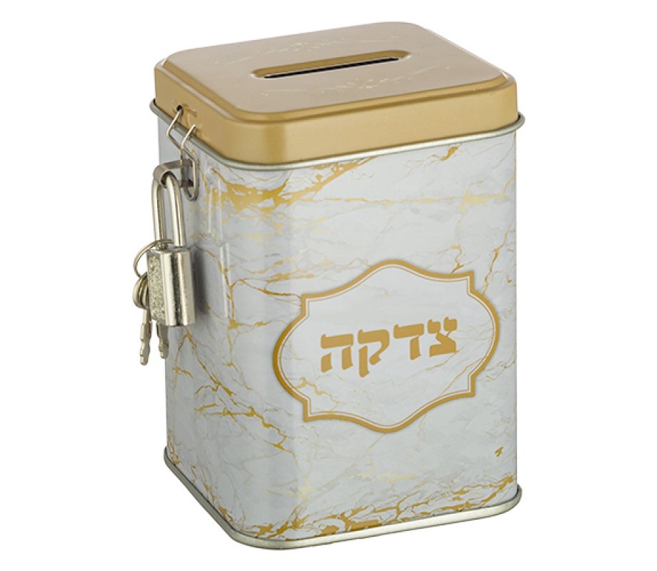 Low Cost Metal Charity Box with Lock and Key – Gold and White Marble Design