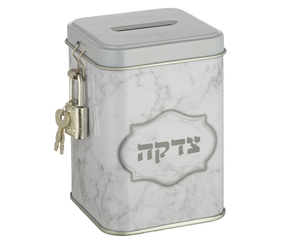 Low Cost Metal Charity Box with Lock and Key – Gray Marble Design