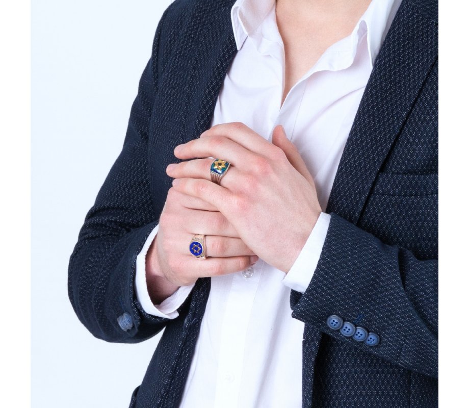 Man's Sterling Silver and Gold Plated Ring with Star of David on Blue Enamel