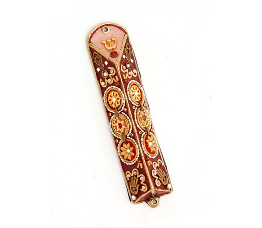 Maroon and Gold Triangular Mezuzah Case - Ester Shahaf