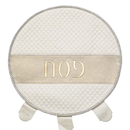 Matzah Cover for Passover Seder Night, White Faux Leather with Gold Band