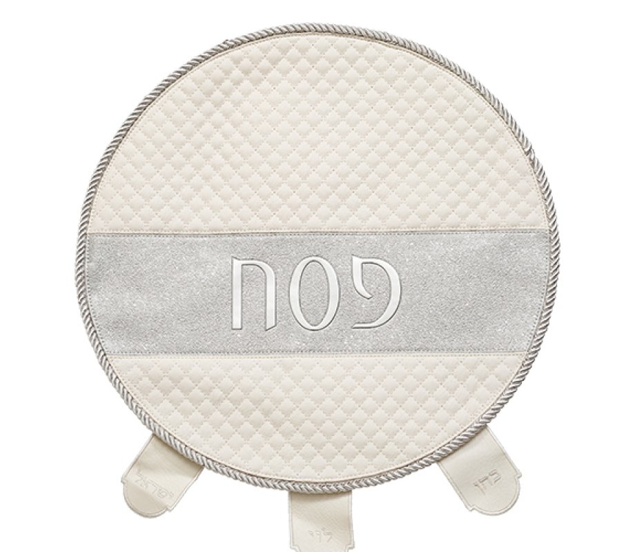 Matzah Cover for Passover Seder Night, White Faux Leather with Silver Band