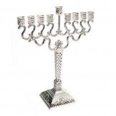 Medium Size Silver Plated Diamond Design Chanukah Menorah with Matching Base