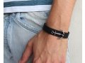 Men's Black Leather Bracelet with Anchor Element