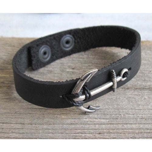 Men's Black Leather Bracelet with Anchor Element - Only 1 In Stock