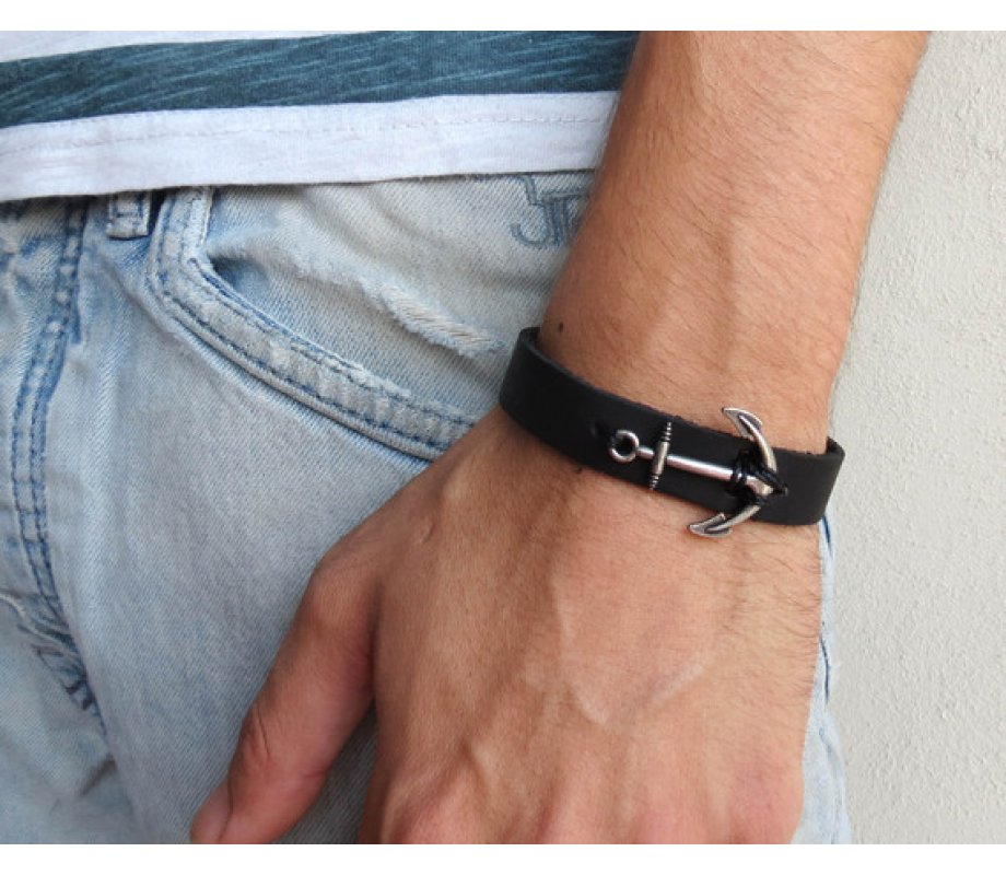 Men's Black Leather Bracelet with Anchor Element - Only 1 In Stock