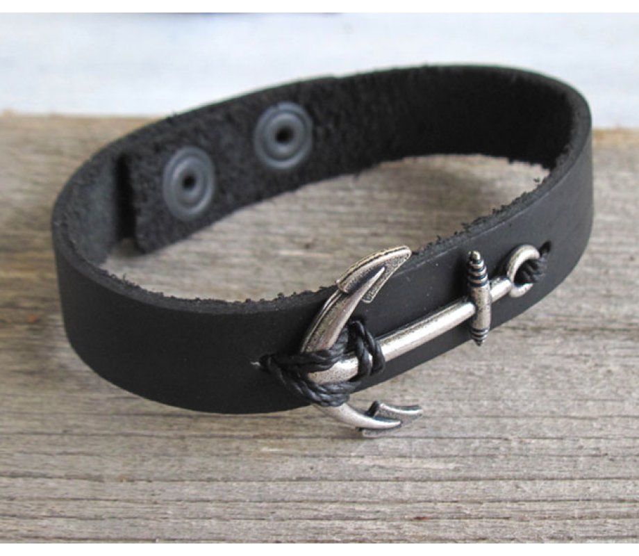 Men's Black Leather Bracelet with Anchor Element - Only 1 In Stock