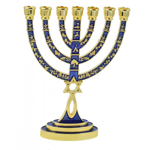 Messianic Seal Gold Tone Seven Branch Menorah Grafted Star of David - Dark Blue
