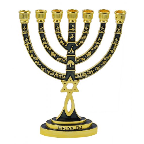 Messianic Seal Gold Tone Seven Branch Menorah Grafted Star of David - Green