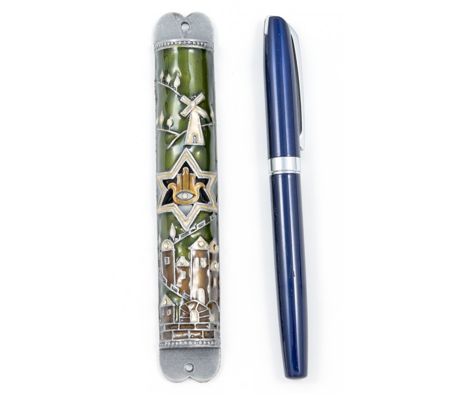 Mezuzah Case with Hamsa, Star of David and Jerusalem Images - Brown and Gold