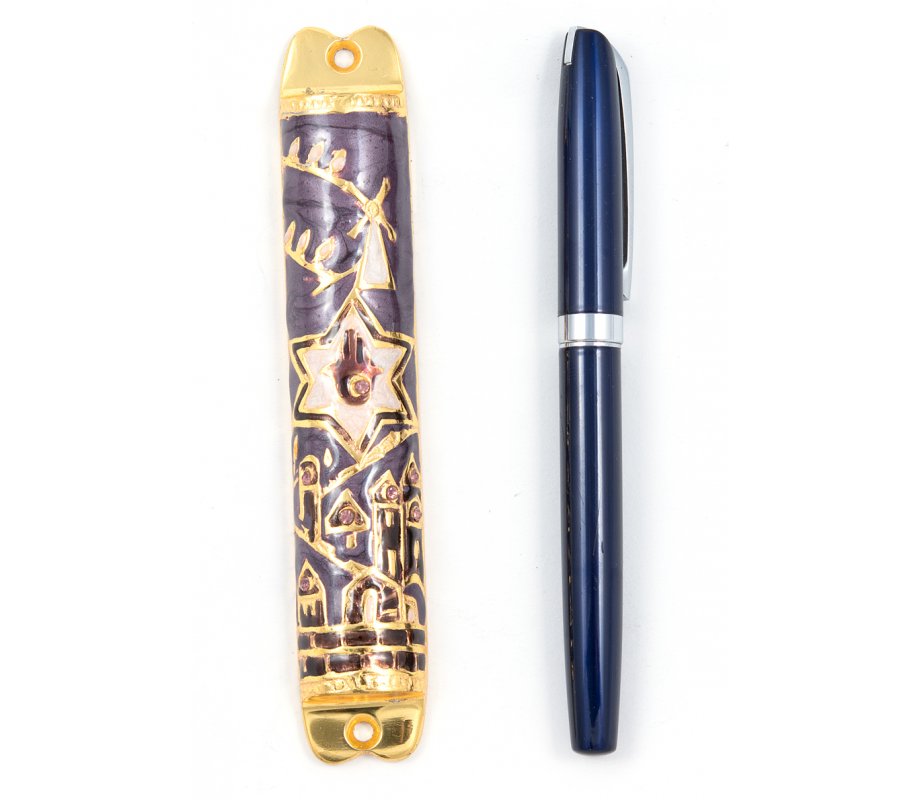 Mezuzah Case with Hamsa, Star of David and Jerusalem Images - Gold and Purple