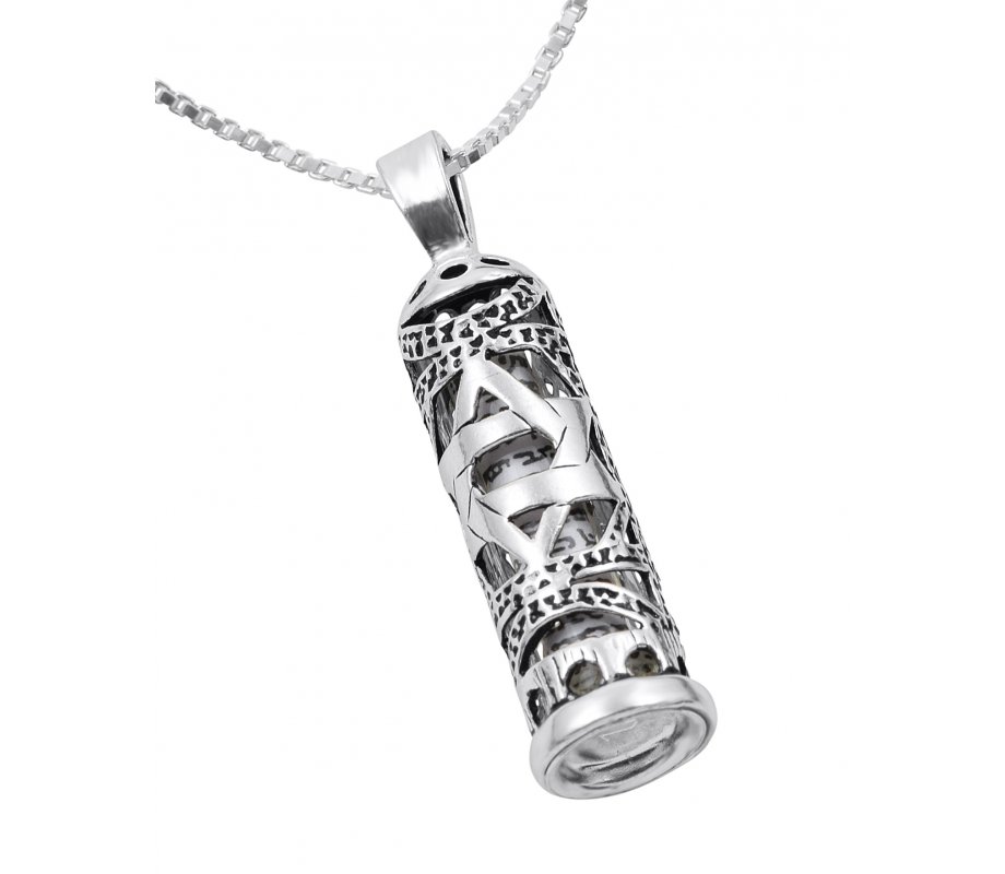 Mezuzah Necklace Pendant Sterling Silver with Cut Out Star of David