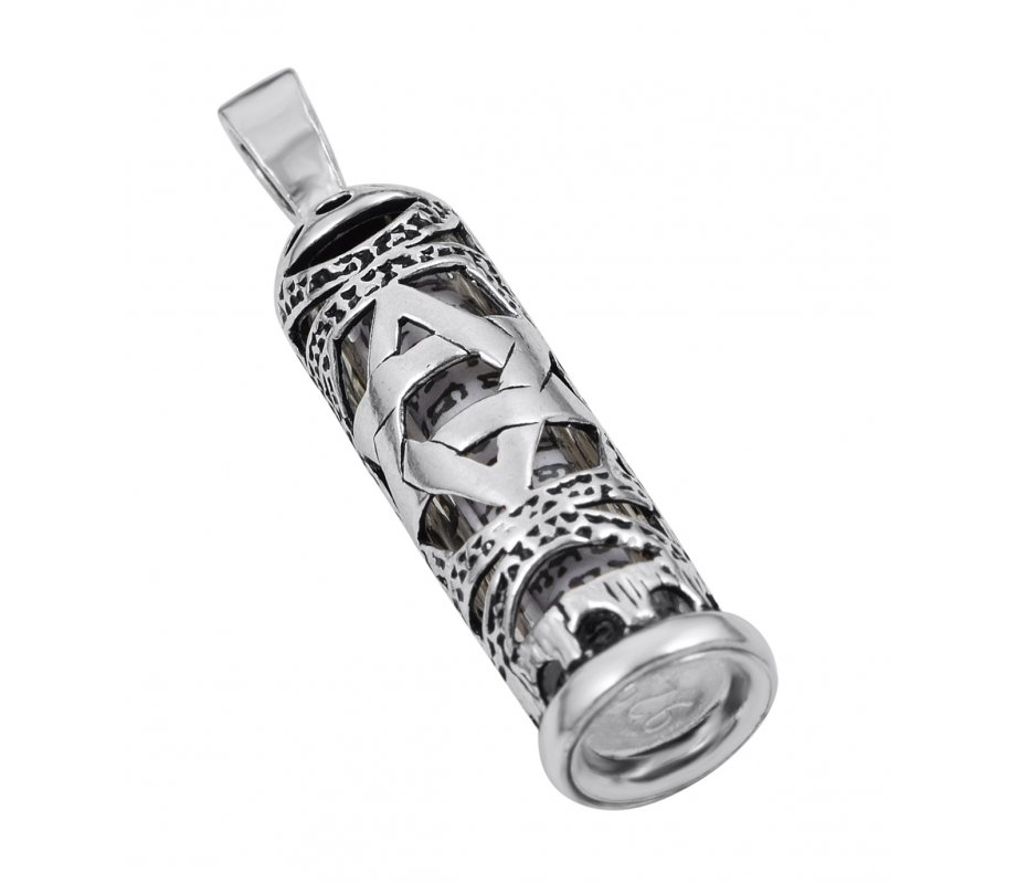 Mezuzah Necklace Pendant Sterling Silver with Cut Out Star of David