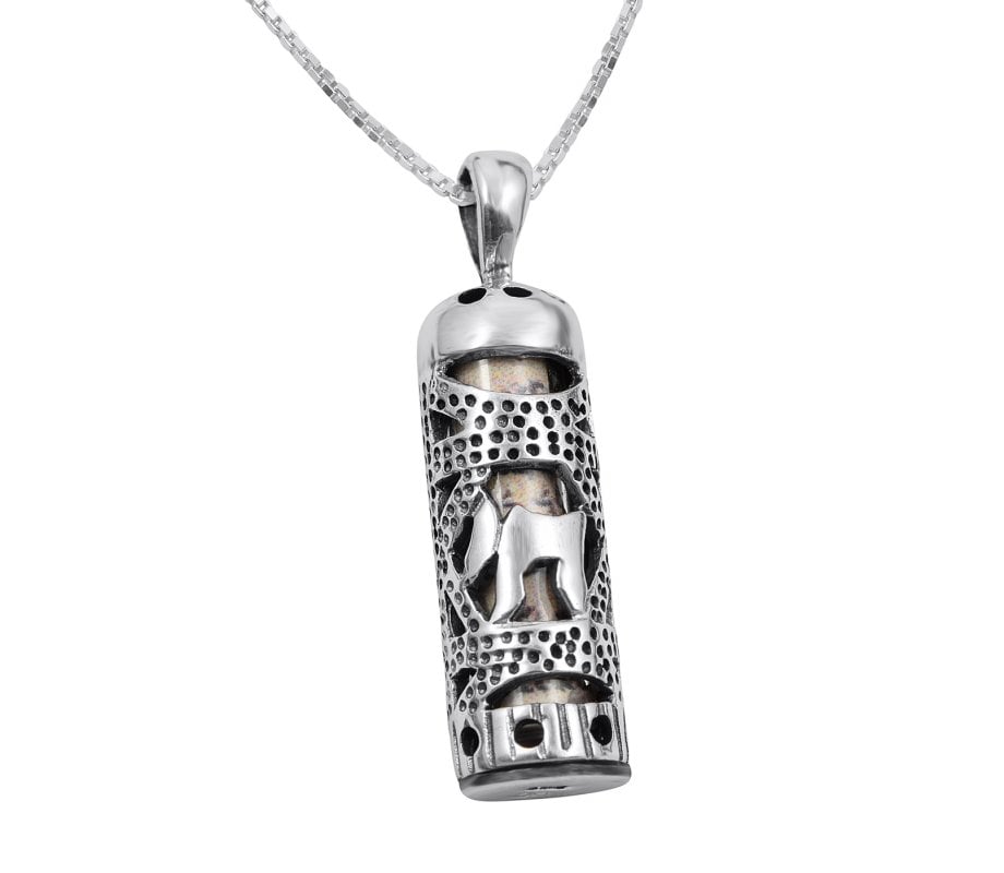Mezuzah Necklace Pendant in Sterling Silver with Cut Out Chai