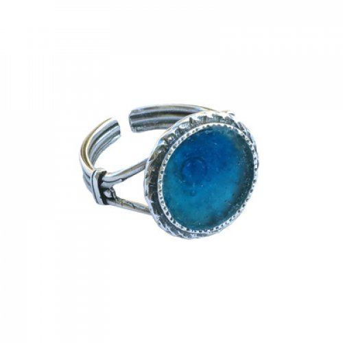 Michal Kirat Adjustable Ring with Circular Roman Glass and Sterling Silver Frame