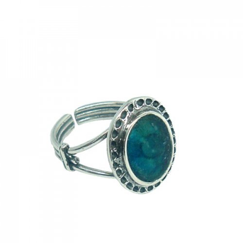 Michal Kirat Adjustable Ring with Oval Roman Glass in Engraved Silver Frame