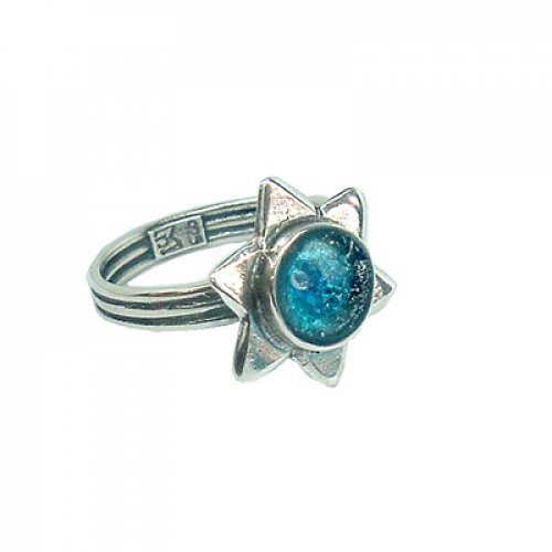 Michal Kirat Adjustable Ring with Round Roman Glass in Center of Sterling Silver Star of David